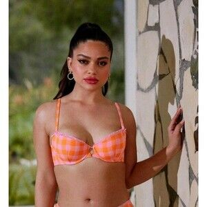 Savage X Fenty Gingham Remix Balconette Lace Trim Bra Pink Orange 36DD NWT